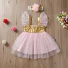 Bebek Kız Çiçek Prenses Sequins Kafa Bandı Ile Pembe Tutu Elbise Toddler Bebek Düğün Parti Katmanlı Tül Elbiseler Sundress Vestidos