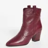 Bourgogne Booties High Chunky Heels Pekade Toe Woman Slip på stor storlek 11 15 För damer mogna mode skor fotled stövlar shofoo