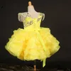 Cute Yellow Luksusowe Frezowanie Kryształ Dziewczyny Pagewne Suknie Wzburzyć Jewel Lace-Up Organza Graduation Party Dress Kids Flower Girl Dress Baby