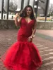 Sereia vermelha Vestidos de Baile 2019 Longo V Pescoço Beading Lantejoulas Festa À Noite Africano Vestidos Formais