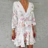 Fashion Lace V Neck Patchwork Summer Dress Women Three Quarter Sleeve Tassel Party Dress Elegant Floral Print Hollow Out Dresses