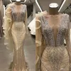 Perły Syrenka Frezowanie Prom Dresses Z Długim Rękawem Szampan Sheer Deep V Neck Party Suknie tureckie Vestidos Tanie Sukienka Formalna Wieczór