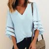 Women V Neck Flared Sleeves Blouse Female Shirt Casual Loose Mesh Patchwork Shirts Plus Size Tops Femme blusas