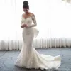 2020 Luxury Mermaid Wedding Dresses Sheer Neck långa ärmar Illusion Full spets Applique Bow Overskirts Back Chapel Train BR227M