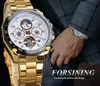 Forsining Classic Golden Tourbillon Mechanical Watch Mens Automatic Moonphase Calendar Stainless Steel Belts Clock Reloj Hombre230D