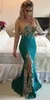 Long Sleeve Turquoise Mermaid Prom Dresses Arabic Style Backless Sparkly Beaded Applique Front Split Sheer Evening Party Gowns 2019 New