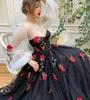 Fabulous Floral Appliqued Prom Dresses Sheer Jewel Neck Long Sleeves Evening Gowns A Line Sweep Train Tulle Formal Dress