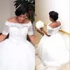 African Plus Size White Ivory Ball Gown Wedding Dresses with Short Sleeves Lace-up Boat Neck Beaded Crystals Wedding Gowns