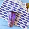 Autentisk natt Sakura Straw Coffee Cup 16oz Cherry Blossoms Purple Cold Water Mug In-Car Out Door Portable Medföljande Cup252O5444572