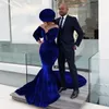 Hot Sale Blue Mermaid Long Sleeves Evening Dresses Sheer Plunging Neck Prom Gowns Sweep Train Velvet Plus Size Formal Dress