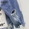 RUGOD 2018 Yeni Vintage Mektup Baskı Yıpranmış Jean Ceket Kadın Sonbahar Kış Yırtık Delik Kot Ceket Kadın Bombacı Ceketler Casaco