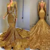 Nowe Sexy Gold Cekinowe Koronki Syrenki Prom Dresses Poginga V Neck Długie Rękawy Frezowanie Open Back Party Cekiny Sąd Pociąg Suknie Wieczorowe Nosić