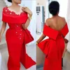 2020 Elegant Saudi Arabic Red Evening Dresses Sexy Sheer Neck Bow Beaded Pearls Party Dress Satin Side Split African Formal Prom Gowns