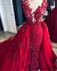 Árabe 2020 Dark Red Luxurious Vestidos Lace frisada Sereia Prom Vestidos destacável Train Tulle Formal Wears
