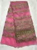 5Yards PC Fashion Black French Net Lace Tyg med pärlor och blomma Fuchsia Broderi African Mesh Material för dressing QN15