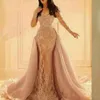 Muslim Mermaid Evening Dresses With Detachable Train Lace Appliques See Through Plus Size Prom Dress Dubai African Party Gowns