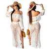 Tassels Two Piece Casual Dresses Knit Sets Women Long Sleeve 2 Piece Crop Top and Skirt Set Summer Crochet Dress Beach Wear