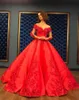 New Luxury Red Quinceanera Dresses Ball Gown Off Shoulder Lace 3D Applique Beads Long Sleeves Satin Sweet 16 Floor Length Pageant Prom Gowns