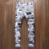 Yaz Yeni erkek Kot Rahat Baskılı Mektup Streç Kot Erkekler Hip Hop Streetwear Modası Slim Fit Beyaz Kot Pantolon Erkek Jogger