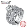 YHAMNI New 2Pcs Hollow Love Heart Flower Ring 100% 925 Sterling Silver Engagement Wedding Ring Set Jewelry For Women LRA0266