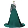 Eleganta muslimska gröna långärmade kvällsklänningar 2018 med avtagbar tåg sequin bling marockansk kaftan formell festklänning
