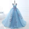 2019 Najnowsze Light Blue Quinceanera Suknie Motyl Aplikacje w magazynie 100% Prawdziwe zdjęcie Długie Formalne Prom Suknie Wieczorowe Vestido Longo Al52