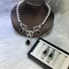 Charming Micro inlay green zircon clasp accessory luxury white freshwater pearl earrings necklace set fashion jewelry