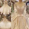 2019 New Arrival Luxurious Wedding Dresses Sheer Bateau Neck V Back Lace up Pearls Bead Appliques Bridal Gowns with Sheer Sleeves