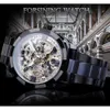 Forining Men Skeleton Automatisch mechanisch horloge zwart transparante tandwiel roestvrijstalen band vintage horloges voor man jurk cadeau251A