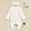 Ins-Baby Girls Romper Spädbarn Boys Solid Färger Långärmad Jumpsuit + Bow Headband Toddler Vår Singel Breasted Onesie C6077