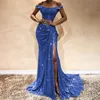 Luxury Gold Burgundia Mermaid Prom Dress Koronki Aplikacje Sexy Szczelina Seksowna Suknie Wieczorowe Ramię Długie Rękaw Suknie 2020