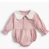 Baby långärmad rompers tjejer col claudine solid färg jumpsuits nyfödda baby knapp ruffle onesies höst vinter värme bodysuits zyq246