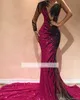 2020 Sexy One Shoulder Sequins Mermaid Evening Dresses Tulle Lace Applique Sweep Train Formell Party Prom Klänningar BC0468