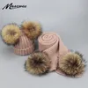 Autumn Winter Parentchild Fur Pompon Hat en Scarf Set Women Crochet Knitted Wool Beanies Caps Hoeden met natuurlijke bontpom POM Y1917786170