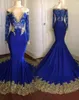 2019 New Sexy Azul Royal Sereia Vestidos de Baile Apliques de Ouro Fora Do Ombro V Neck Mangas Compridas Ilusão Sweep Train Evening Partido Vestidos de Desgaste