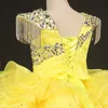 Cute Yellow Luksusowe Frezowanie Kryształ Dziewczyny Pagewne Suknie Wzburzyć Jewel Lace-Up Organza Graduation Party Dress Kids Flower Girl Dress Baby