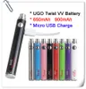 eVod Twist Variable Voltage Vape Pen Battery 3.3-4.8V 650 900 mah UGO Ego Passthough USB Cable E Cigs Atomizer Vaporizer Cartridge