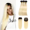 Brazylijskie proste włosy 1B 613 Ombre Blonde Wiązki z zamknięciem Remy Human Włosy Wiązki Wiązki z 4x4 Koronki Zamknięcie Białe Blonde Extensions