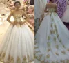 Einzigartige Bling Gold Applikation Spitze Ballkleid Brautkleider Sweetheart Poet Langarm Drapierte Ballkleider Brautkleid Plus Size Südafrikanisch