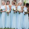 Long Light Sky Blue Bridesmaid Dress Halter Neck Sleeveless Floor Length Bohemian Ruched Waist Wedding Party Maid of Honor Gowns