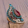 Partihandel-Ewelry Pink Big Vintage Vigselringar för Kvinnor Sapphire Crystal Plating Gold Mosaic Blue Crystal Fashion Ring Love Gift