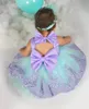 New Princess Blue e Purple Breve Flower Girl Dress Abito in pizzo Applique Abito da ballo Abito da compleanno Festa festeggiamento Polffy Abito con grande fiocco