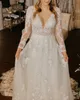 Vintage-inspirierte Illusions-Hochzeitskleider 2020, A-Linie, lange Ärmel, romantische Brautkleider, tiefer V-Ausschnitt, V-Rücken, Spitze, Vestidos de Novia