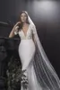 LIHI HOD BOHEMIAN 2019 Mermaid Trouwjurken V-hals Korte Mouw Kant Kralen Strand Satijn Bruidsjurken Plus Size Garden Robe de Mariée