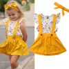 Летняя девочка детская одежда набор с коротким рукавом напечатанный топ + желтый ремешок юбка + луки головы 3 шт. Устанавливает детские дизайнерские одежды для девочек JY362