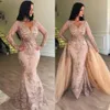 New Long Sleeves Mermaid Prom Dresses Evening Dress V Neck Lace Appliques Sequins Floor Length Overskirts Train Formal Evening Gowns Wear