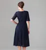 Elegant Navy Blue Tea-length Lace Mother of the Bride Dresses Vintage Half Long Sleeve Beach Bridesmaid Bridal Party Evening Gowns