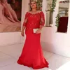 Elegante plus size zeemeermin moeder van de bruid jurken met mouwen kant volledige lengte knop terug rode vrouwen moeder formele feestjurken 2020