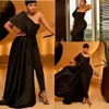 Black Jumpsuit Prom Dress With Appliques Sequins One Shoulder Overskirts African Evening Dresses With Pant Suits Plus Size Party Gowns