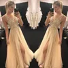 Sparkly Gold Champagne Prom Dresses Sexy V neck Sheer Top Beaded Sequins tulle vogue Front Slit Evening Party Gowns Boho Engagement Dresses
